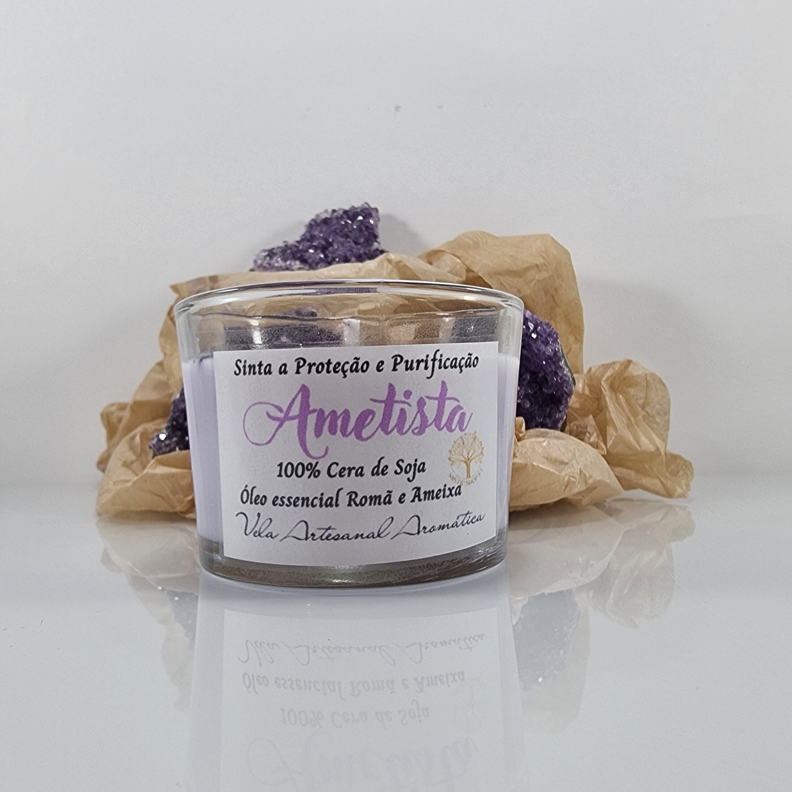 Vela Artesanal Aromática Energizada Romã e Ameixa com Ametista